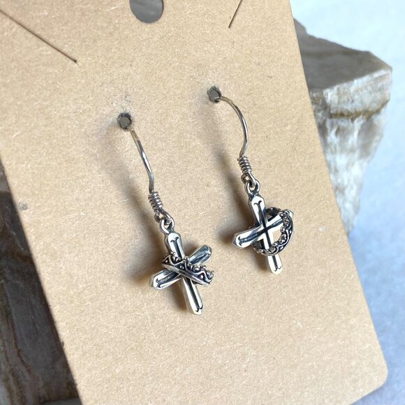 Sterling Silver 925 Petite Dainty Cross & Crown Dangle Drop Earrings - Picture 2 of 16